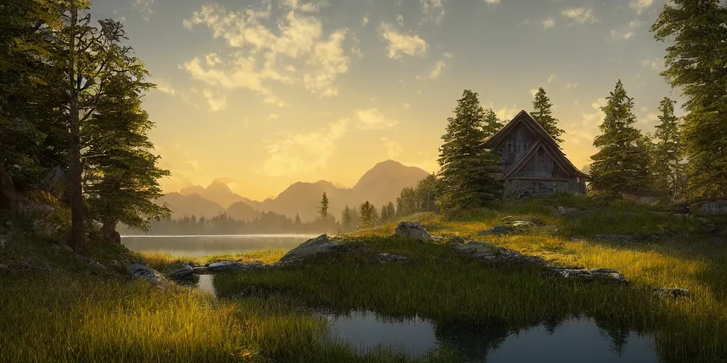 Image similar to a serene landscape with a singular building near a lake at sunrise, forest, mountains, clouds in the sky, concept art, octane render, unreal engine 5, trending on DeviantArt, highly detailed, high quality, 4K, low contrast, path traced, godrays, bloom, Ferdinand Knab, beautiful landscape, red flowers, trending on Artstation, soft lighting, hyperrealistic, digital art