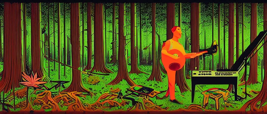 Prompt: a technogaianist digital musician playing modular synthesizer in the forest, technology and nature in harmony, postmodern surrealist concert poster, grainy, hand drawn matte painting by Tara McPherson and Frank Kozik, smooth, sharp focus, extremely detailed.