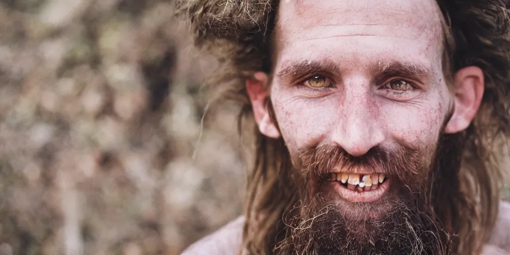 Image similar to extremely skinny malnourished redneck white male with long beard, wearing dirty overalls, dirty greasy face, grin, portrait, close up, kodak gold 2 0 0, 5 0 mm,