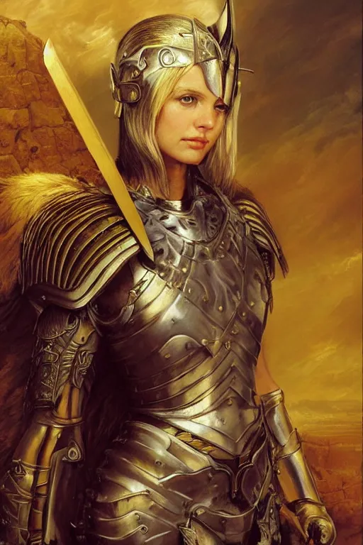 Image similar to a beautiful valkyrie , half body portrait, blond hair, gold chainmail armour, realistic oil painting by Thomas Cole and Wayne Barlowe and Boris Valejo