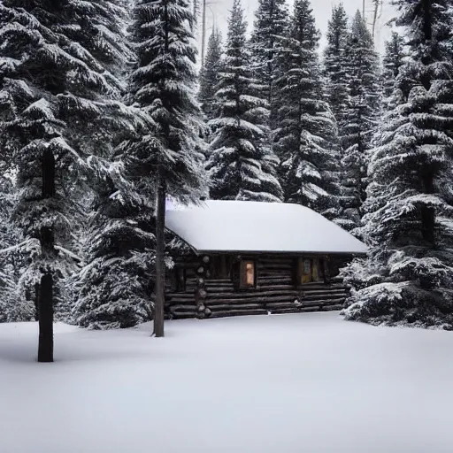 Image similar to winter cabin in the woods, snow falling, pine trees, photograph, f 8. 0 3 2 mm,