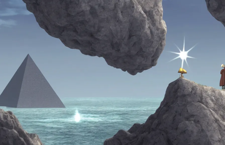 Image similar to a cell - shaded cartoon movie still from howl's moving castle ( 2 0 0 4 ) of a monk in a grey robe. in the background is a white pristine pyramid in the ocean. shafts of sunlight come from above. wide shot, very dull muted colors, hd, 4 k, hq