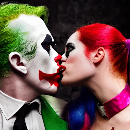 Image similar to photograph of Harley Quinn kissing the joker