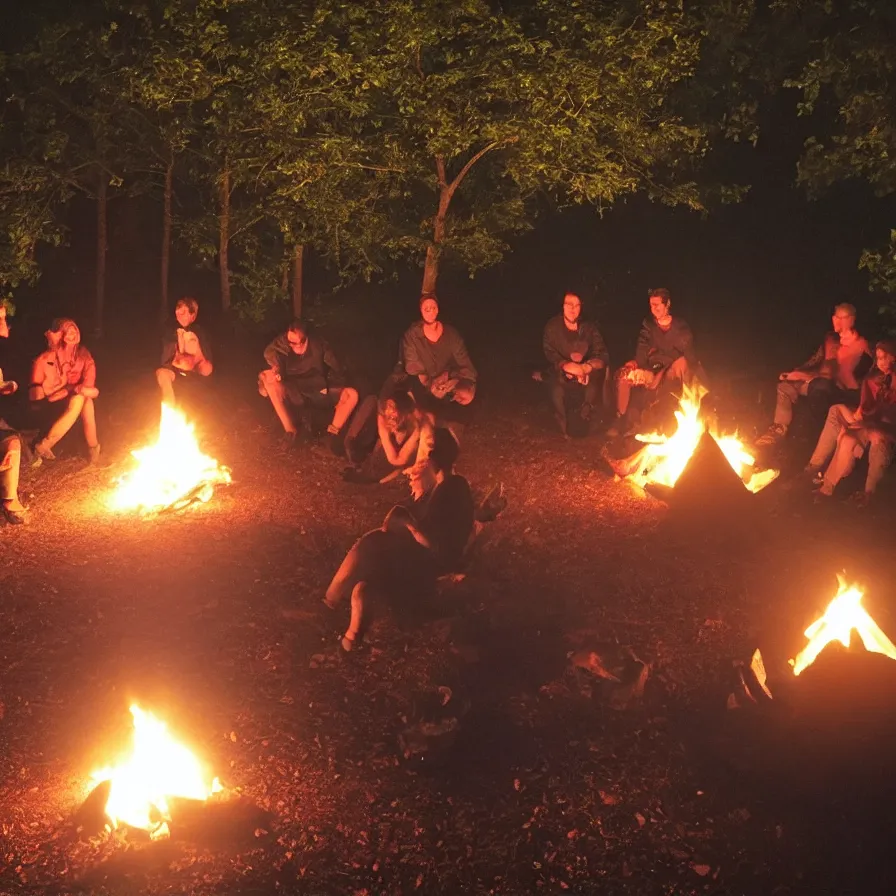 Image similar to a nice evening around the camp fire, friends are drinking and laughing, there is something behind the tree