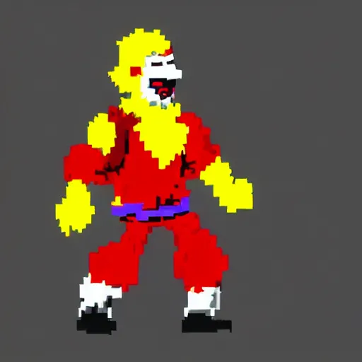 Image similar to image of ronald mcdonald, white face, red afro, red nose and yellow outfit as an enemy in 9 0's mortal kombat 3 sega genesis video game, upscaled to high resolution