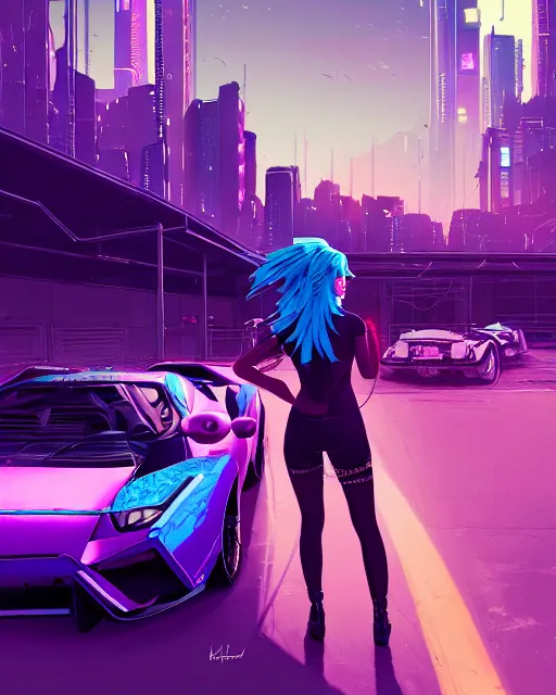 Image similar to digital illustration of cyberpunk pretty girl with blue hair, looking at a purple lamborghini, back view, in junkyard at night, by makoto shinkai, ilya kuvshinov, lois van baarle, rossdraws, basquiat