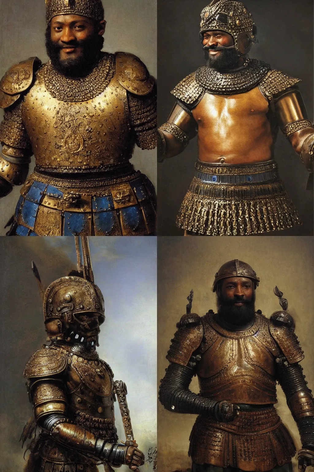 Prompt: spartan, black skin. Oily muscles. thick black beard. Big smile. Intricate Bronze armour with blue gems. Masterwork oil painting. By Rembrandt.