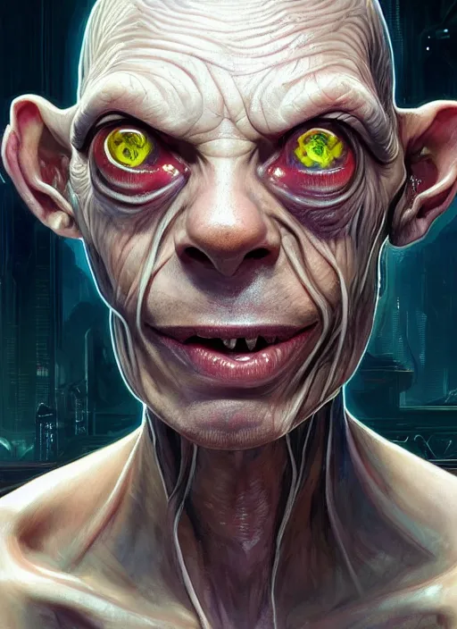 Prompt: portrait of gollum as a character in Cyberpunk 2077, looking at camera, intricate, elegant, sci-fi, extremely detailed, digital painting, artstation, concept art, smooth, sharp focus, illustration, ambient lighting, incredible art by artgerm and greg rutkowski and alphonse mucha and simon stalenhag