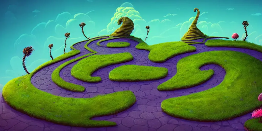 Prompt: dark tones, curled perspective digital art of spiral clouds cobblestone street with wildflowers top of a hill with spiral palmtrees by anton fadeev from nightmare before christmas. horton hears a who!
