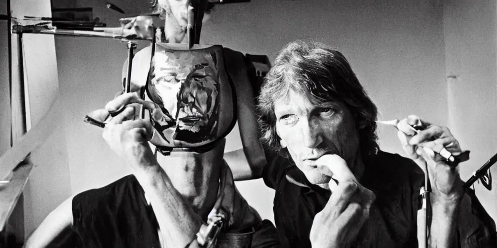 Prompt: pink floyd's roger waters, stands at his easel, painting a self portrait