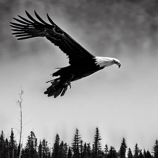 Image similar to a black and white eagle, flying over a forest with a river