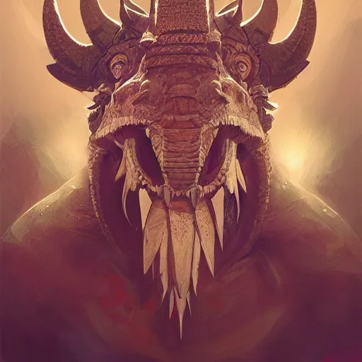 Prompt: triceratops with aztec headdress, greg rutkowski, digital illustration, concept art, dnd, face, fantasy, intricate, elegant, highly detailed, digital painting, artstation, full body, long shot, light from above