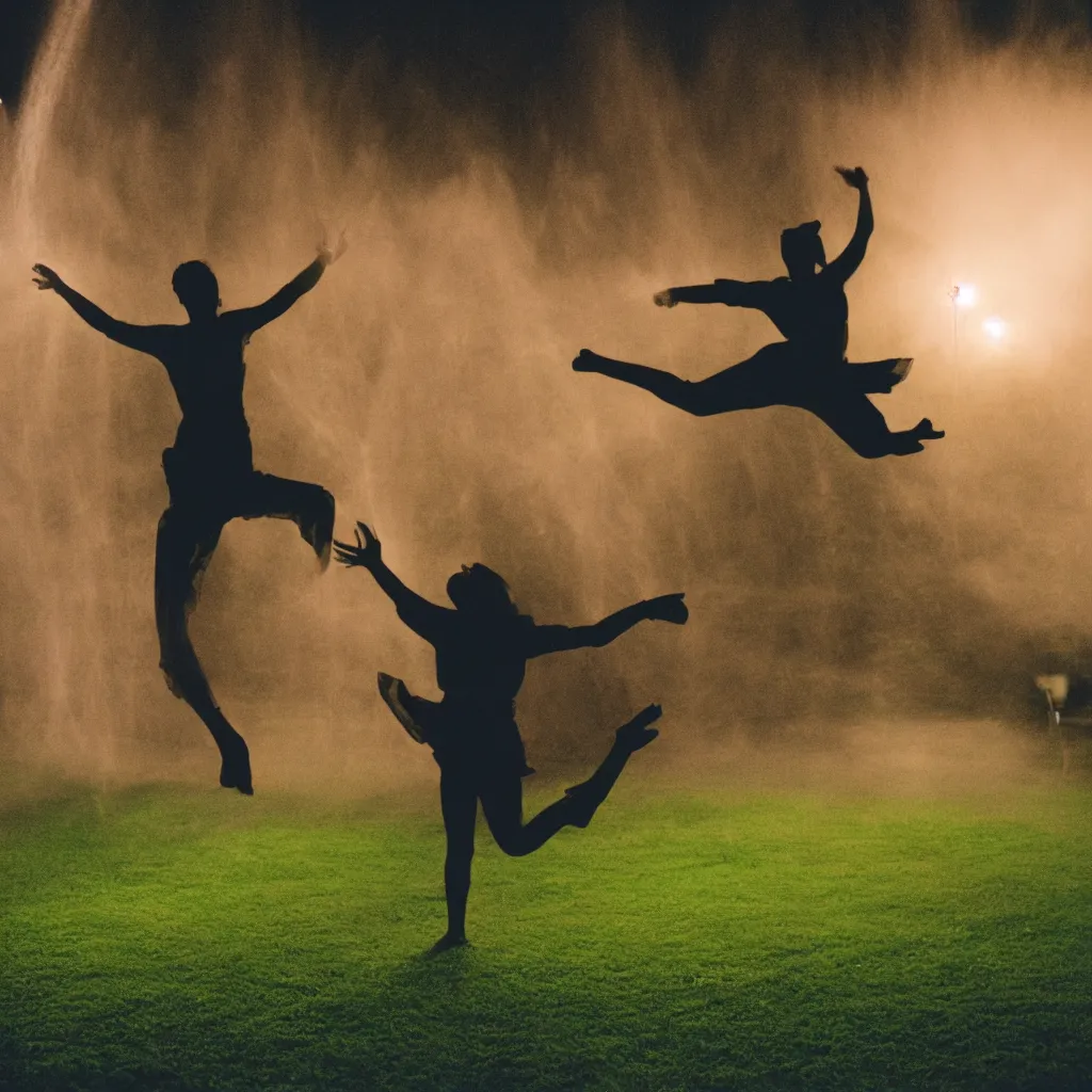 Image similar to a person dances in lawn sprinklers at night, casting a silhouette against the sky, 25mm f/1.8 Kodak Portra 400 4k