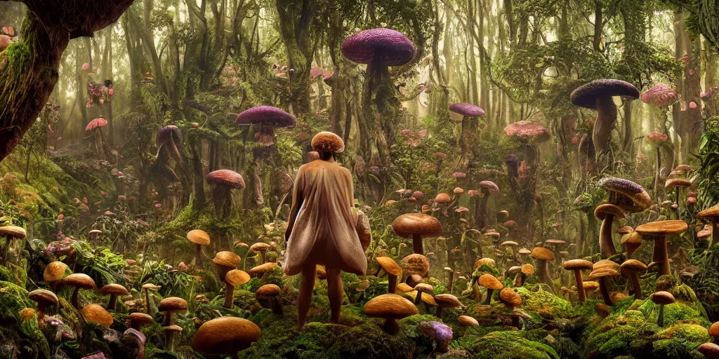 Image similar to extra wide view. person made of mushrooms standing in a marvelous magic forest jungle inhabited with fantastic creatures. iridescent. annihilation. hyper - detailed. hyperreal. unreal render.