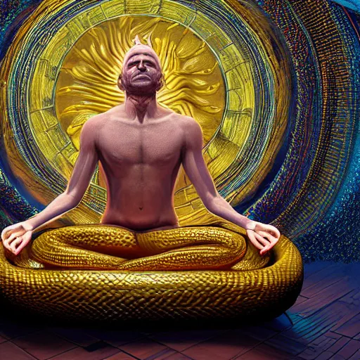 Image similar to meditating man in the center, giant snake with golden letters on its scales flying around the man, ultra-hd ray-traced reflections, fantasy style, insanely detailed, hyper-maximalist, hyper-realistic, super-detailed, 8k