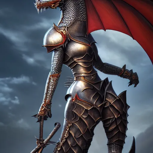 Prompt: highly detailed realistic stunning shot of a beautiful anthropomorphic female knight but as a hot dragon, doing a majestic pose, well designed female dragon head, armor made of steel, sharp claws, HD octane render, epic cinematography, fantasy, Artstation, Deviantart, Furaffinity