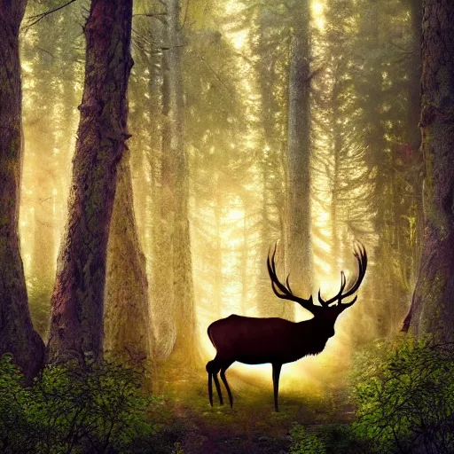 Prompt: photo of an hyper realistic arcanic, celestial highly detailed stag, in a magical highly detailed forest background. sunlight rays throught the trees.