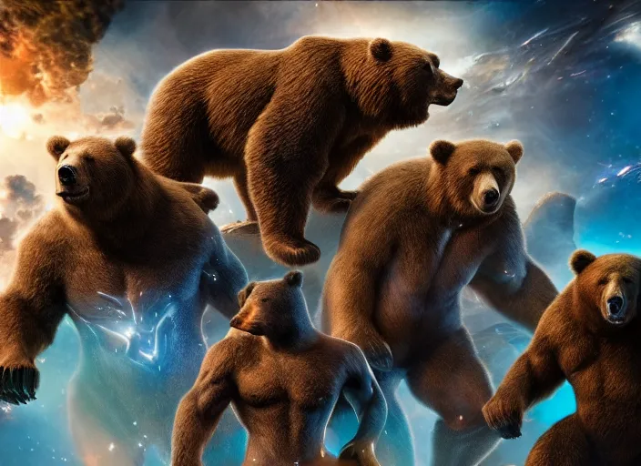 Image similar to photo of muscular bears, playing intergalactic championship versus chitauri. Highly detailed 8k. Award winning.