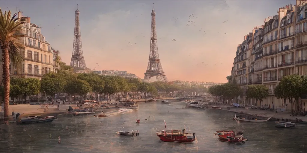 Prompt: the beautiful city of paris rebuilt next to the ocean in sunny california, amazing weather, beach view, palm trees, splendid haussmann architecture, wonderful eiffel tower, digital painting, highly detailed, intricate, concept art, matte painting, trending on artstation, art by greg rutkwowski, artgerm, wlop, painting by canaletto