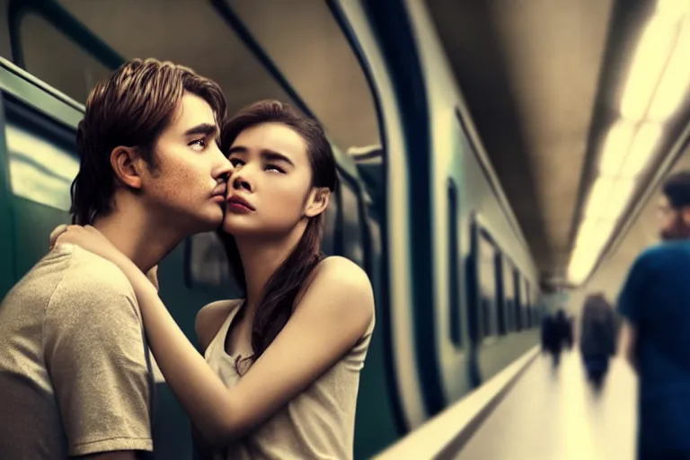 Image similar to vfx movie closeup couple in a train station flat color profile low - key lighting award winning photography arri alexa cinematography, beautiful natural skin, famous face, atmospheric cool color - grade