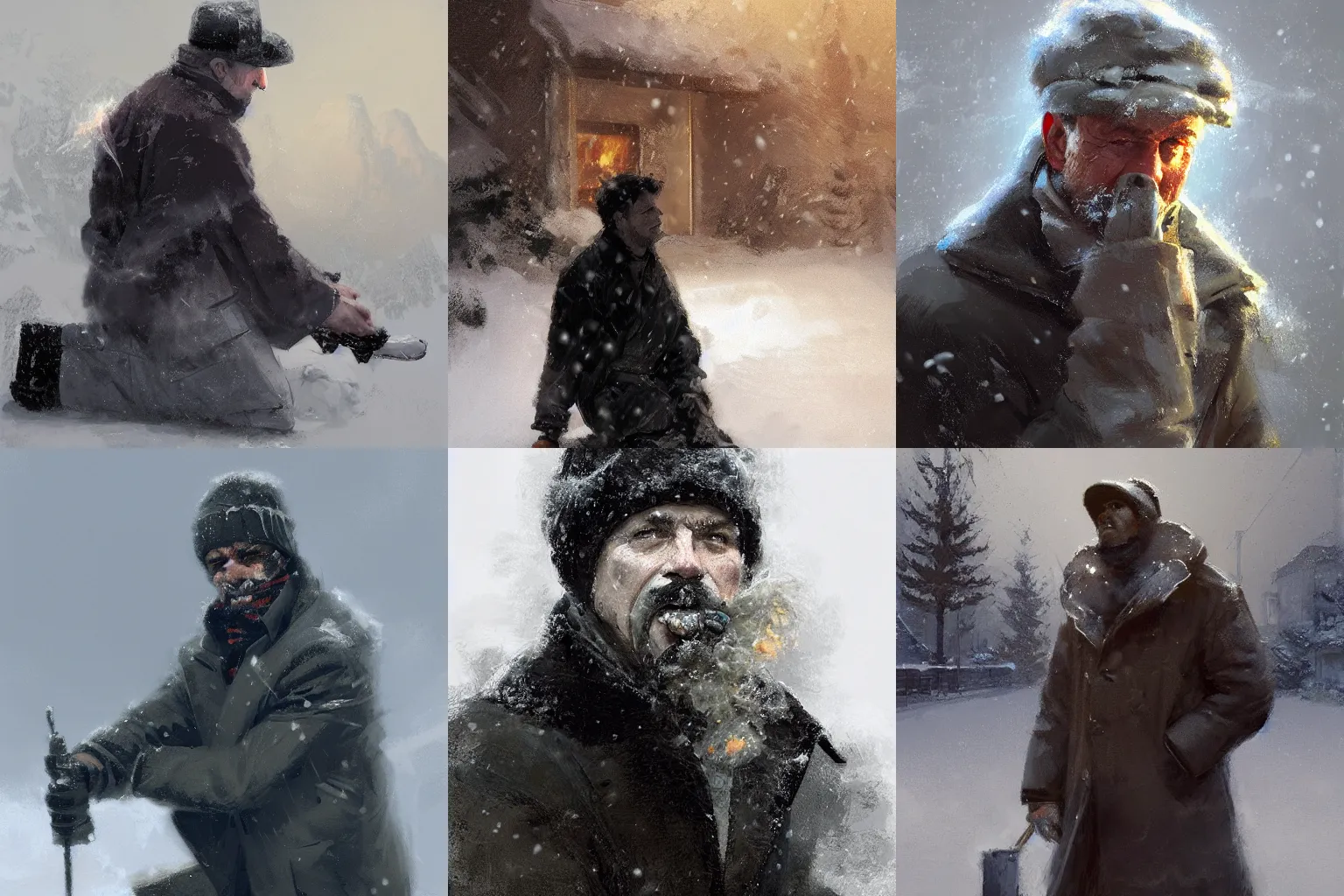 Prompt: man in winter clothes kneeling in the snow. Smoke pouring from his mouth. Smoke pouring from the unlit fireplace. He will die. Craig Mullins. Portrait. featured on artstation