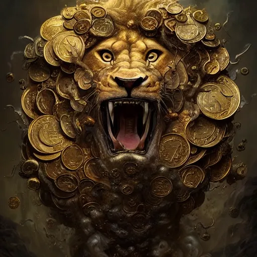 Image similar to a beautiful detailed 3 d matte portrait of a vortex lion, by ellen jewett, by tomasz alen kopera, by justin gerard, ominous, magical realism, texture, intricate, skull, skeleton, gold coins, money, whirling smoke, rain, radiant colors, fantasy, volumetric lighting, high details