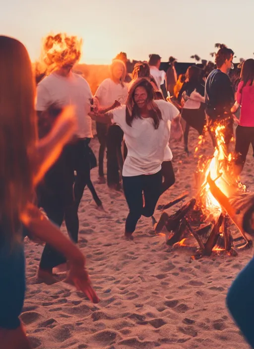 Prompt: photograph of people dancing around a bonfire on the beach, flash polaroid, golden hour