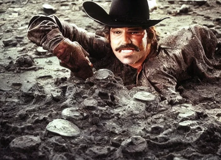 Image similar to a cowboy wearing a disguise while he sinks into a tar pit wide shot, from the hit 9 0 s tv show