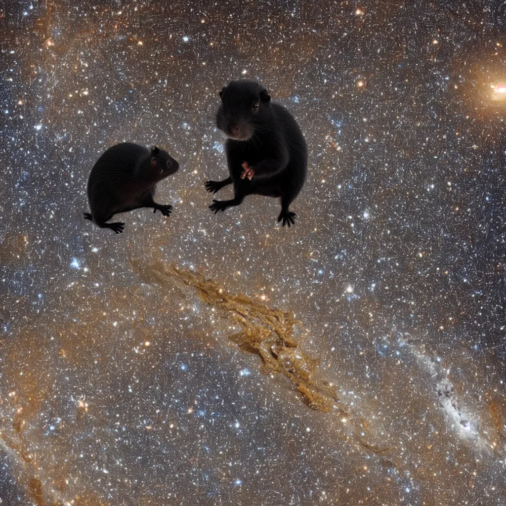 Prompt: a black gerbil eating the earth, starry background, space photography