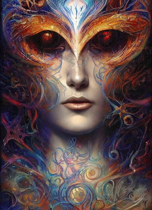 Prompt: magic enlightened cult psychic lovable woman, painted face, third eye, energetic consciousness psychedelic, epic surrealism expressionism symbolism, by karol bak, masterpiece