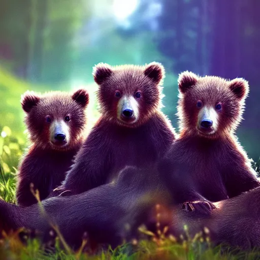 Prompt: a very very beautiful closeup picture of three cute bear cubs with very happy faces sitting inside a tent in the woods, sunset, vivid colors, soft lighting, atmospheric, cinematic, moody, trending on artstation, oil on canvas, 8K