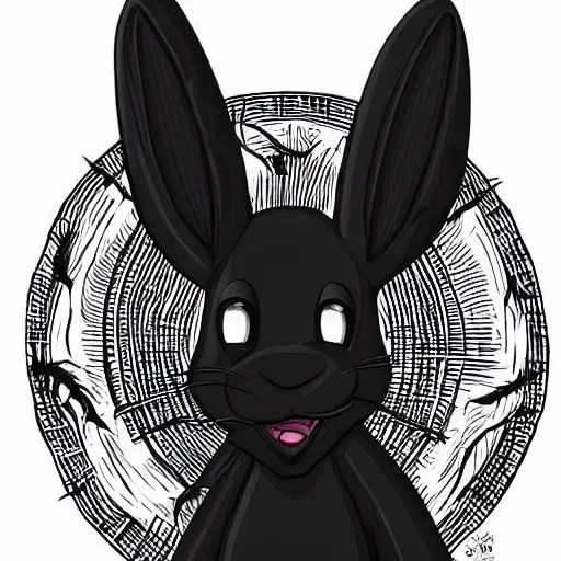 Image similar to A extremely highly detailed majestic hi-res beautiful, highly detailed head and shoulders portrait of a scary terrifying, horrifying, creepy black cartoon rabbit with scary big eyes, earing a shirt laughing, let's be friends, in the style of Walt Disney