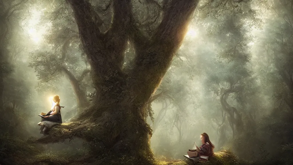 Image similar to girl reads a book in a tree, far away, in the magical forest. andreas achenbach, artgerm, mikko lagerstedt, zack snyder, tokujin yoshioka