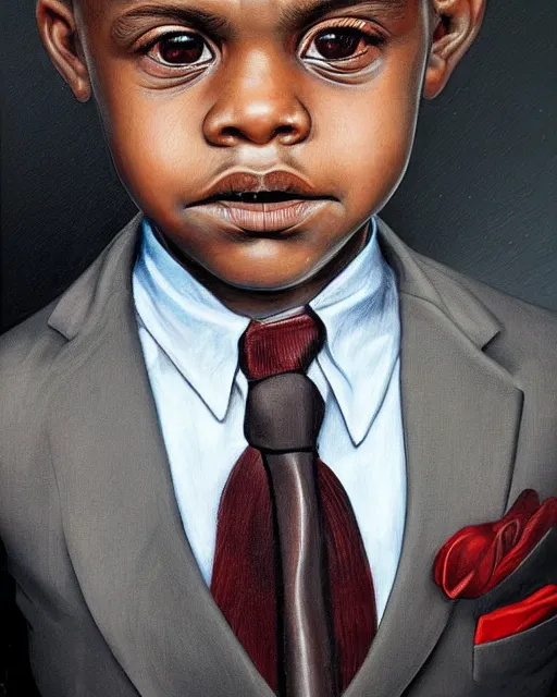 Image similar to portrait of a 7 year old child gang leader, gritty, looking serious, wearing a suit and a tie, very detailed eyes, hyperrealistic, beautiful, very detailed painting by Glenn Fabry, by Joao Ruas, by Artgerm