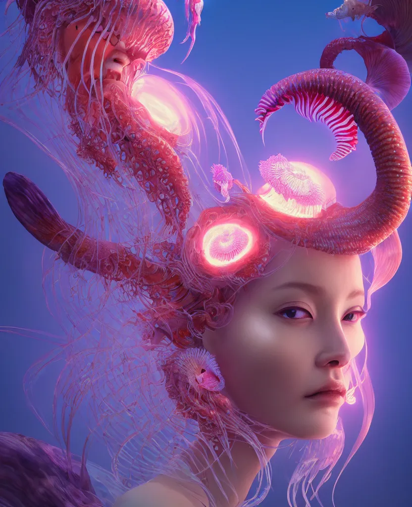 Image similar to goddess close-up portrait. chimera orchid jellyfish phoenix head, nautilus, skull, betta fish, bioluminiscent creatures, intricate artwork by Tooth Wu and wlop and beeple. octane render, trending on artstation, greg rutkowski very coherent symmetrical artwork. cinematic, hyper realism, high detail, octane render, 8k