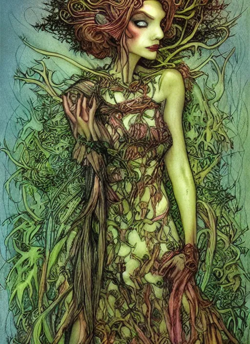 Image similar to junoesque fey queen, vine dress, glowing forest, strong line, eerie color, beautiful! coherent! by brian froud