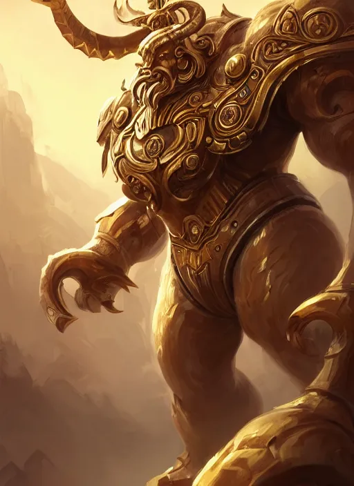 Image similar to a highly detailed illustration of gentle colossal golden horned greek mechanical giant, with cute doting eyes, intricate, elegant, highly detailed, centered, digital painting, artstation, concept art, smooth, sharp focus, league of legends concept art, wlop.