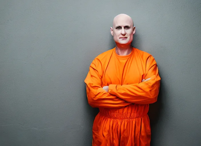 Image similar to photo of bald!!! donald trump!!! shaved head no hair!!! no hair!!! old white pasty skin sitting in a jail cell wearing an orange jumpsuit, defocused bars in the foreground, 8 k, 8 5 mm f 1. 8