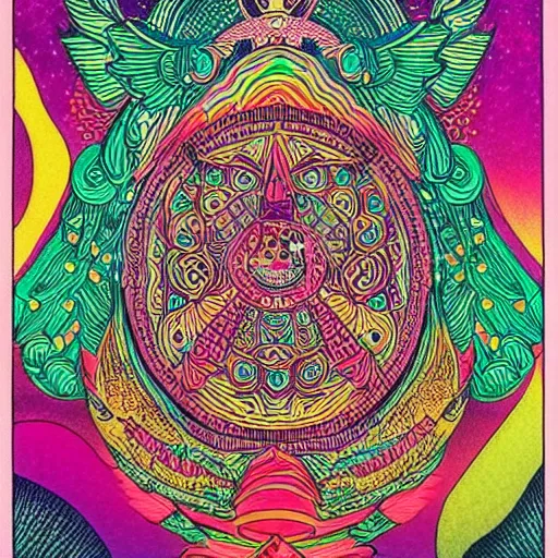 Image similar to hatsune miki, intricate, amazing line work, cosmic, psychedelic, cheerful, colorful, tarot cards, the devil tarot card
