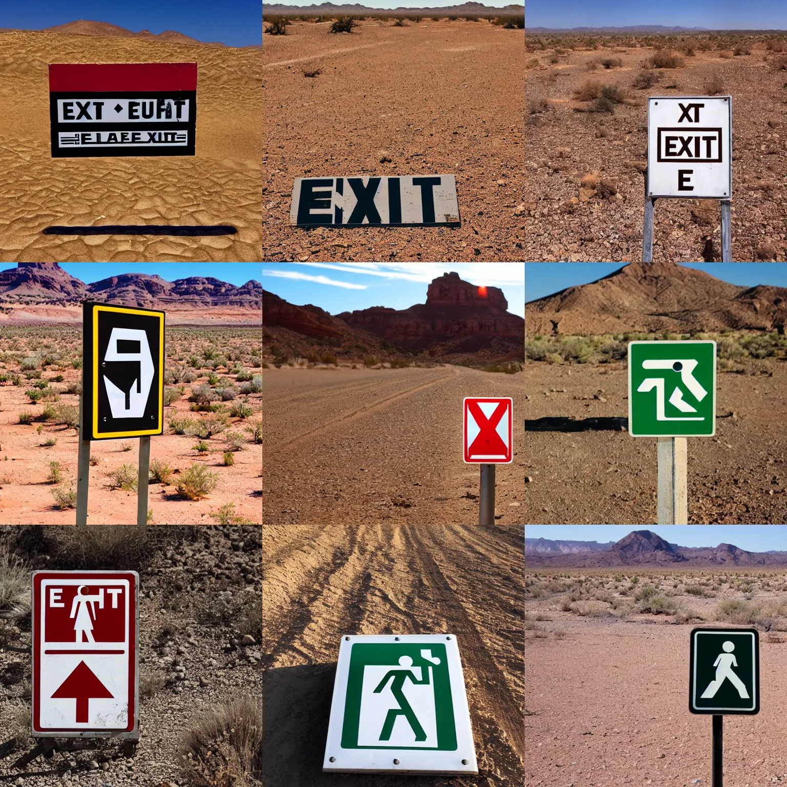 Prompt: Exit sign in the middle of the desert