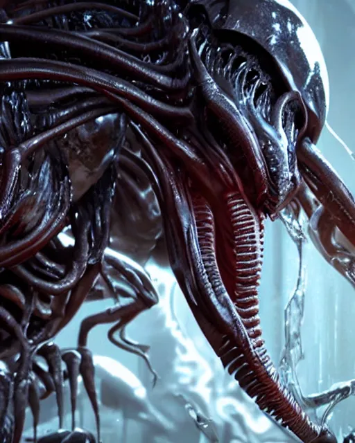 Prompt: cinematic full - body - shot still of kim kardashian being mouth fed by an xenomorph in a transparent alien liquid, wet flowing hair, gooey skin, illustration, unreal engine 5, 8 k, made by h. r. giger.