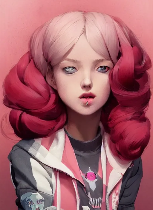 Image similar to highly detailed portrait of a girl with scarlet lips and pink eyes, tartan hoody, ringlet hair, short white hair by atey ghailan, by greg rutkowski, by greg tocchini, by james gilleard, by joe fenton, by kaethe butcher, gradient pink, black, red, cream and white color scheme, trending in pinterest, award winning details