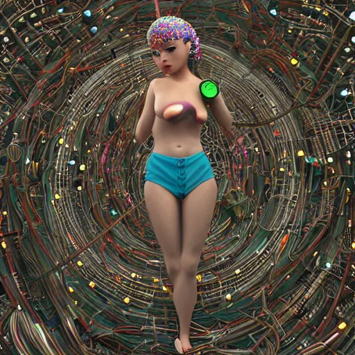 Image similar to deeper into the metaverse we go, piles of modular synth cables, kawaii puerto rican goddess swimming up wearing a headpiece made of circuit boards, by cameron gray, wlop, stanley kubrick, masamune, hideki anno, jamie hewlett, unique perspective, trending on artstation, 3 d render, vivid