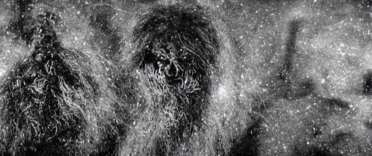 Image similar to filmic extreme close up shot movie still 4 k uhd exterior shot 3 5 mm film color photograph of a terrifying bearded man with tentacles and blood chasing five scared people around mcmurdo station in antarctica at night with the northern lights lighting up the sky, only color images, in the style of the horror film the thing 1 9 8 2