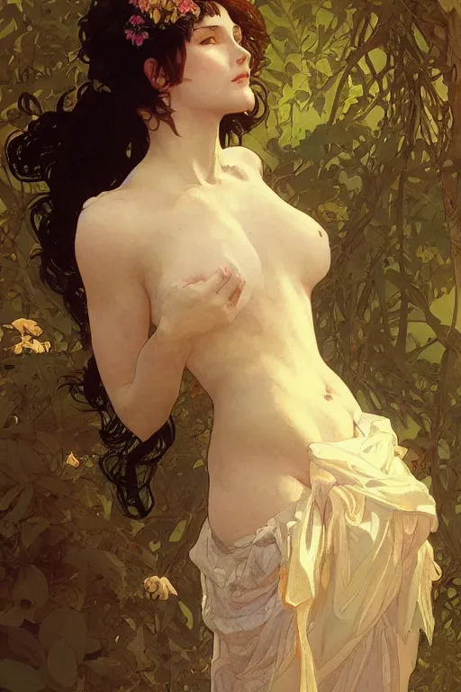 Image similar to beautiful natural coy cottagecore goddess maiden, master drawing, intricate, elegant, highly detailed, digital painting, artstation, concept art, smooth, sharp focus, illustration, art alphonse mucha and james gurney and craig mullins and wlop