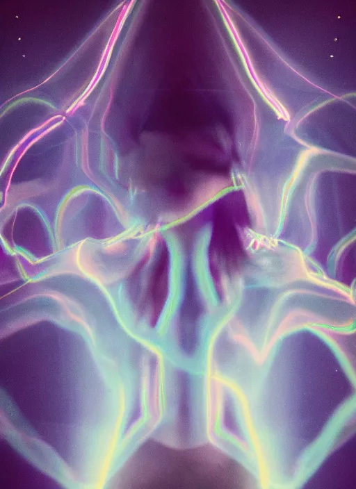 Image similar to a symmetrical female ascending astral projection, liquid glowing aura, motion blur, film grain, cinematic lighting, experimental film, shot on 1 6 mm