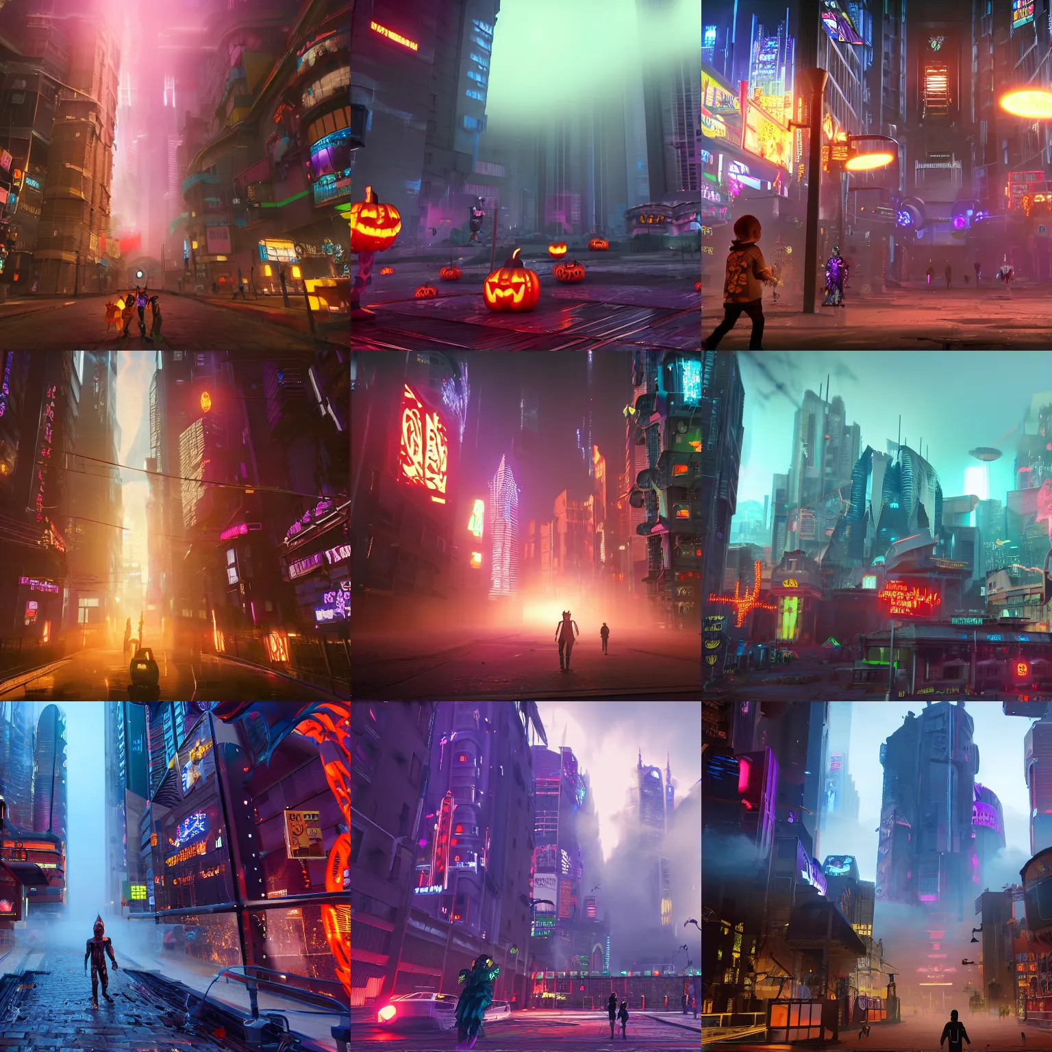 Prompt: cyberpunk halloweentown with halloween buildings, kids in costumes walking, in the year 3 0 0 0, very high details, volumetric fog, raytracing, back light, raymarching, by ilm, by digital domain, by weta digital