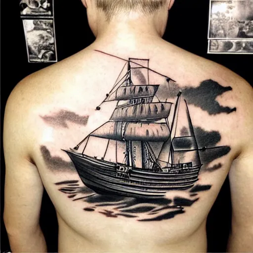 Image similar to realism tattoo print of a pirate ship, by Matteo Pasqualin tattoo artist, on white paper