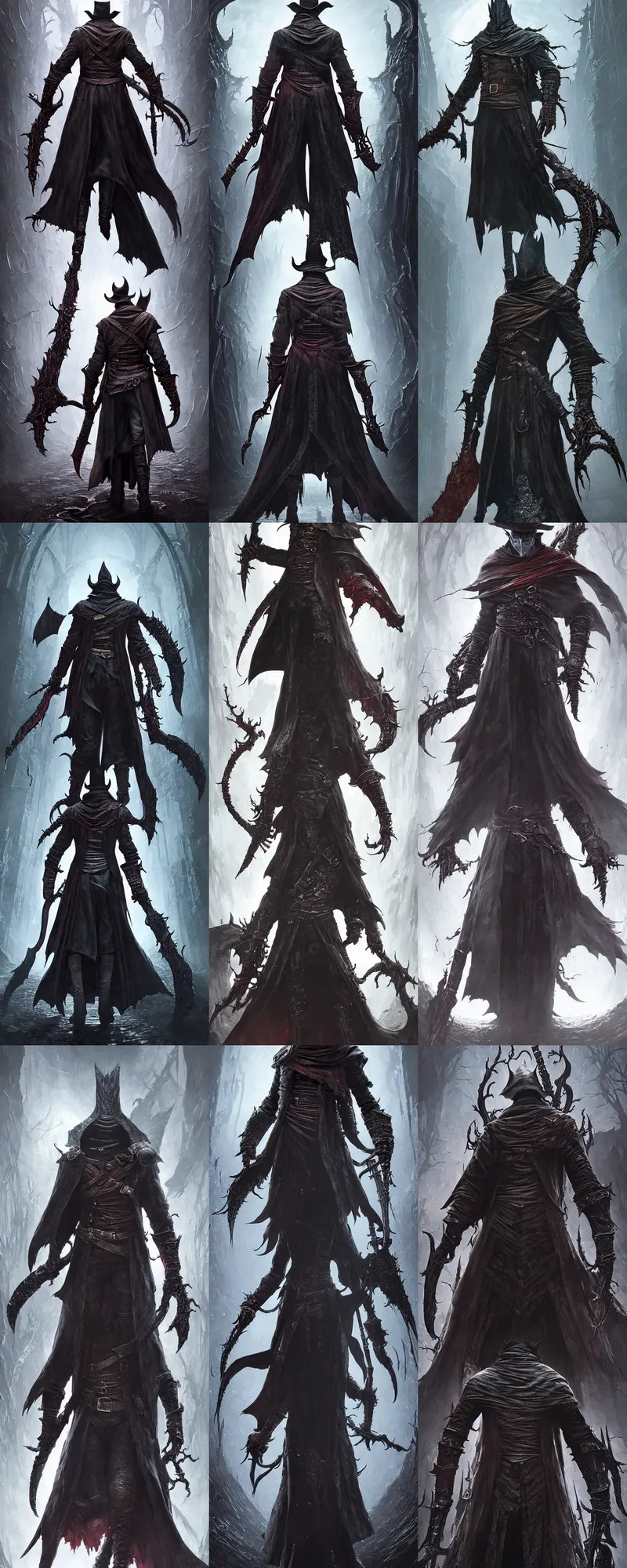 Prompt: A full body portrait of a bloodborne character art by Cedric Peyravernay, Grzegorz Rutkowski and Jason Chan, cosmic horror ominous, mysterious