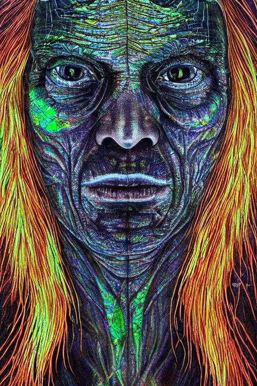 Prompt: dark portrait of one Bioluminescent old shaman, with cracked reaction diffusion semi-transparent skin. multicolored fish scales, closeup. long dark hair with insects and plant leaves. at night, realistic. intricate, very detailed, by alex grey and Moebius